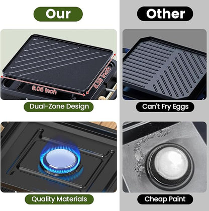 OGERY 2-Burner Foldable Camping Stove with Griddle (Textured & Smooth) and Carrying Bag, Portable Propane Camp Stove with 2 Adjustable Burners & Piezo Ignition, for Camping Tailgating Essentials Gear