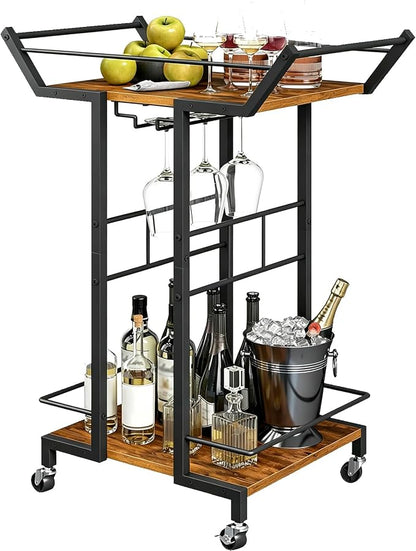 Bar Cart, 3-Tier Serving Cart with Wine Glass Rack, Drink Cart with Wheels, Rolling Beverage Cart, for Living Room, Party, Rustic Brown BC10BR