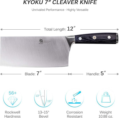 KYOKU Samurai Series - 7" Cleaver Knife - Full Tang - Japanese Style High Carbon Steel Kitchen Knives - Pakkawood Handle with Mosaic Pin - with Sheath & Case