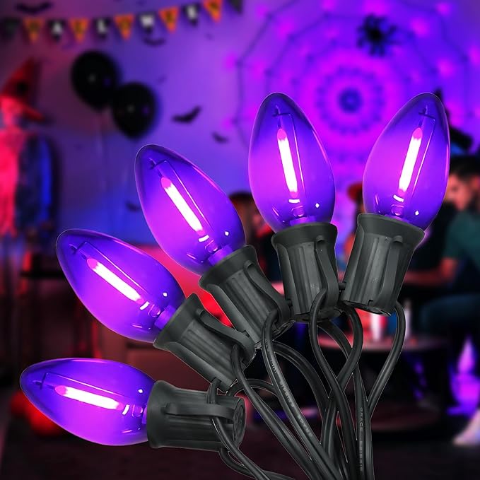 C7 Christmas Lights, Led Clear Purple Halloween Outdoor String Lights, 25FT Commercial Grade Patio Light with 27 C7 Bulbs, Hanging Lights for Indoor Outside Porch Xmas Tree Wedding Prom Décor