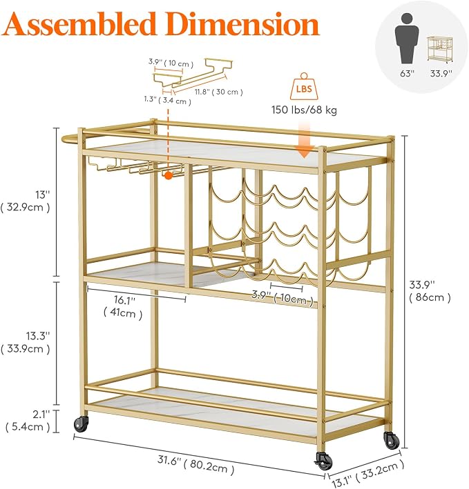 Lifewit 3 Tier Rolling Serving Bar Cart with Lockable Wheels, Gold | 12 wine rack and 3 rows glass holders, liquor serving cart for living room, 31.6 x 13.1 x 33.9 inch rolling beverage stand