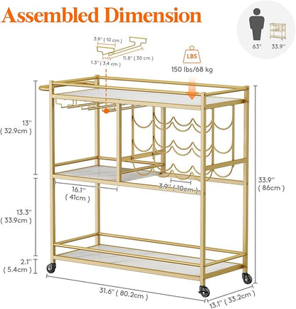 Lifewit 3 Tier Rolling Serving Bar Cart with Lockable Wheels, Gold | 12 wine rack and 3 rows glass holders, liquor serving cart for living room, 31.6 x 13.1 x 33.9 inch rolling beverage stand