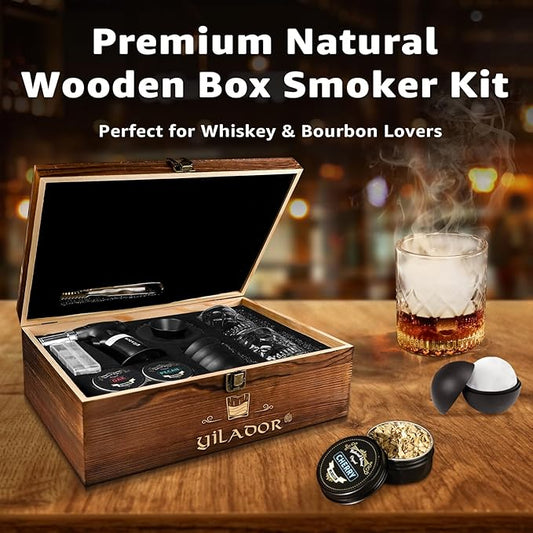 Electric Whiskey Smoker Kit with Torch, Premium Wooden Box, 4 Wood Chips, Ice Molds, Recipes, Cocktail Smoker Kit for Bourbon & Old Fashioned, Ideal Gift for Dad, Husband and Men (No Butane)