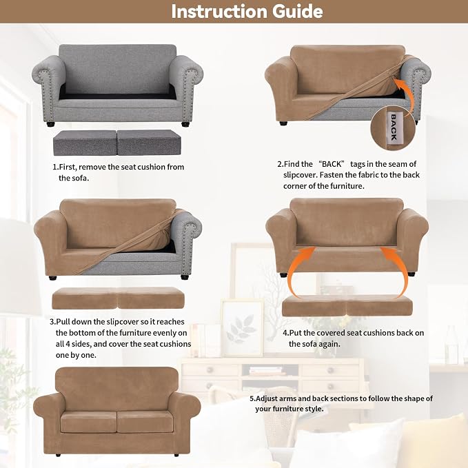 WEERRW Velvet Stretch 3 Pieces Couch Cover for Sofa Washable, Camel | Love Seat Couch Covers for 2 Cushion Couch Sofa Furniture Protector slipcoves with Elastic Bottom for Kids, Medium