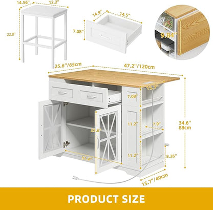 DWVO 3 PCS Kitchen Island with Drop Leaf, Mobile Storage Island with Seating, Rolling Dinning Table Set with 2 Bar Stools & Power Outlet, Bar Kitchen Cart on Wheels, Footrest & Spice Rack, White Oak