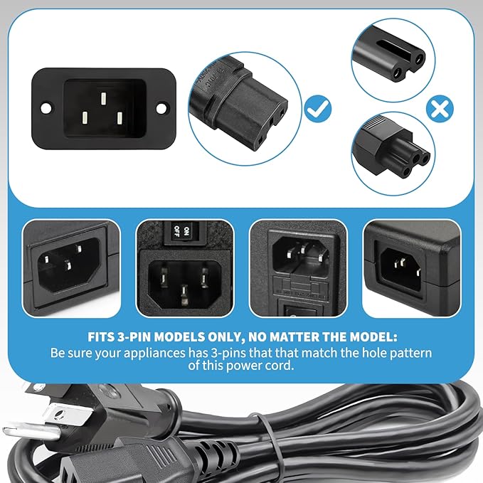 HASMX 3 Prong Power Cord 36" for Smokehouse LJ Little Big Mini Chief Smoker HighTemp, Replacement Electric Smoker Part 3pin Cord Black 3ft Length (1-Pack)