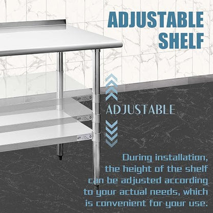 Hally Stainless Steel Table 18 x 48 in, Kitchen Prep Work Table, Backsplash | Expands room for chopping, plating and appliance setup; lower shelf holds supplies close, while rear rim limits splashes too.