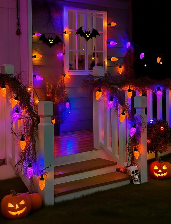 Halloween C9 String Lights Outdoor, 26.4Ft C9 Halloween Decorations Lights with 50 LED Orange and Purple Lights Waterproof, Hanging Plug in Lights String for Outside Holiday Party Patio Yard Decor