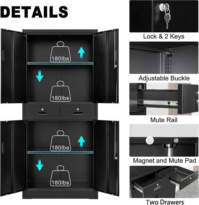 Metal Storage Cabinet, 73'' with Wheels, Lockable Doors, 2 Drawers, and Adjustable Shelves for Garage, Workshop or Office - Black