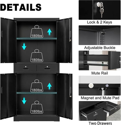 Metal Storage Cabinet, 73'' with Wheels, Lockable Doors, 2 Drawers, and Adjustable Shelves for Garage, Workshop or Office - Black