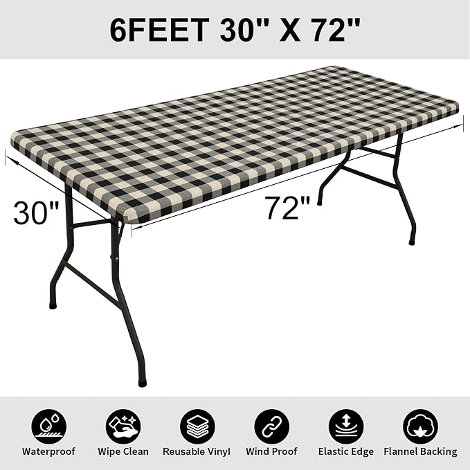 Smiry Rectangle Picnic Table Cloth, Elastic Waterproof Fitted Vinyl Tablecloths, Flannel Backed Buffalo Plaid Table Covers for Dining, Camping, Outdoor (Black and Beige, 30" x 72")