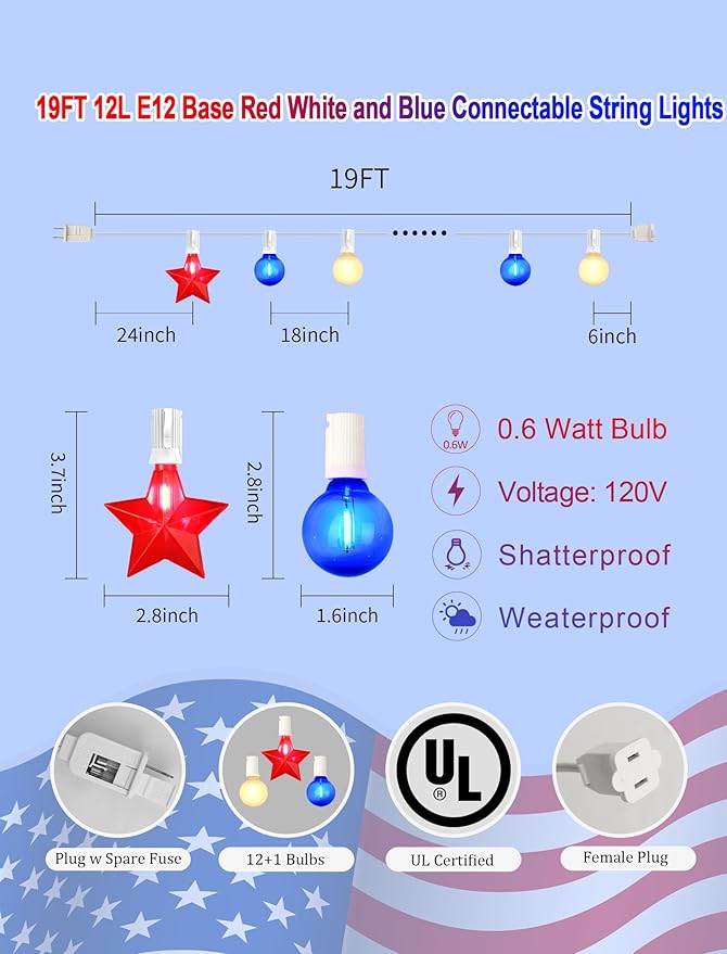 19Ft 4th of July Lights Outdoor, Waterproof Red White and Blue String Lights Plug in Connectable for Patriotic Porch Bistro Backyard Party Independence Day Decorations, E12/C7 Base Lights