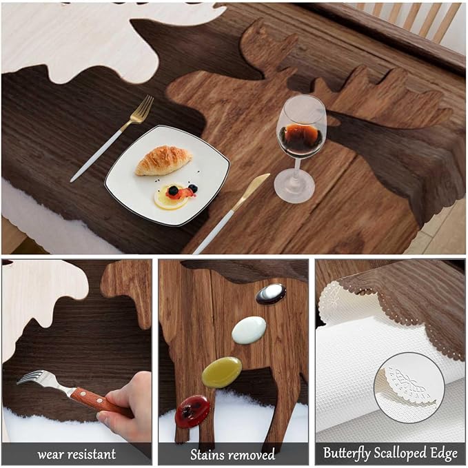 Swono Moose Tablecloths Snow Wooden Deer Moose Christmas Reindeer Kitchen Dinning Tabletop Decoration, Polyester Table Cover for Indoor Outdoor 50x72 Inch Tablecloth
