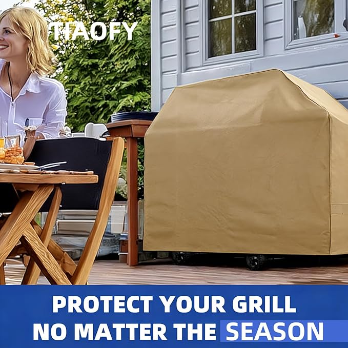 BBQ Gas Grill Cover for Outdoor, Anti-UV, Rip-Proof, 600D Oxford Fade Resistant Material, Barbecue Cover with Hook and Loop Straps & Adjustable Hem Drawstring (Beige, 32”x26”x43”)