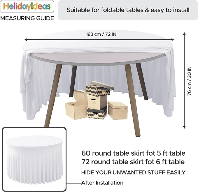 Fitted White Spandex Table Skirts for Wedding Party,72 Inch Round,4 Pack | Spandex Table Covers, For 6 Ft Wedding Cake Tables, Wrinkle Resistant, Ruffle Design Banquets, Baby Showers, Parties