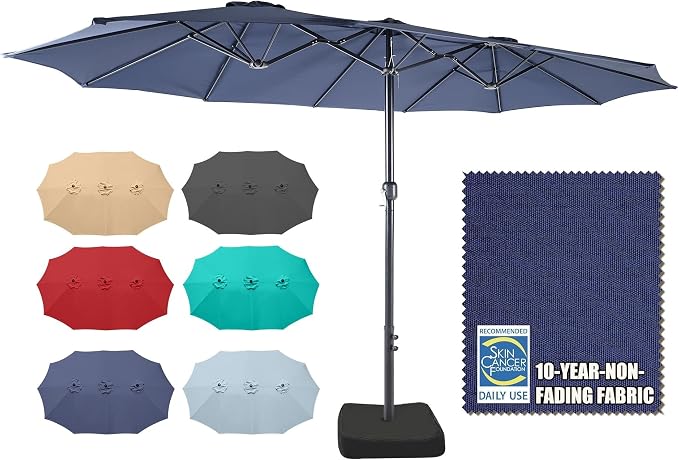 15ft Patio Umbrella with Base, 10-Year-No-Fade Large Outdoor Double-Sided Market Umbrella with UPF50+Terylene Polyester Fabric and Crank for Poolside Garden Deck Backyard Beach Pools