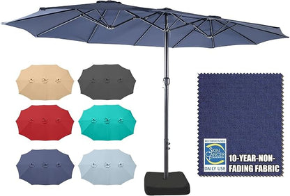 15ft Patio Umbrella with Base, 10-Year-No-Fade Large Outdoor Double-Sided Market Umbrella with UPF50+Terylene Polyester Fabric and Crank for Poolside Garden Deck Backyard Beach Pools