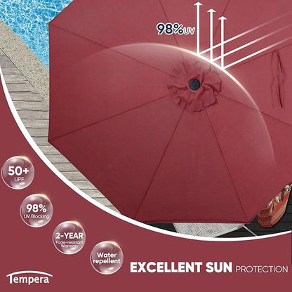 Tempera Patio Market Outdoor Table Umbrella with Push Button Tilt and Crank, Large Sun Umbrella with Sturdy Pole & Fade Resistant Canopy, Easy to Set