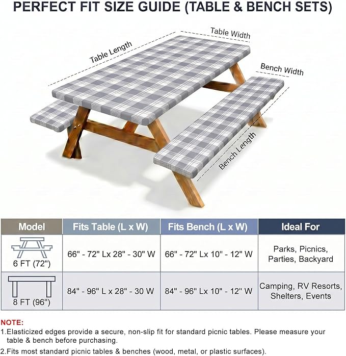 Picnic Table Cover with Bench Covers Windproof Waterproof Picnic Table Covers Camping Tablecloth with Self-Storage Bag, 72in, Light Grey