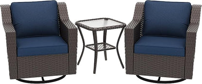 3 Pieces Patio Conversation Furniture Set - 2 Swivel Chairs, 1 Side Table, Outdoor Wicker Rocking Glider Armchairs with Washable and Water-Resistant Cushions for Balcony, (Navy Blue)