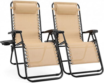 Sweetcrispy Zero Gravity Chairs, Set of 2 Portable Recliner Beach Camping Patio Outdoor Folding Lounge Chair with Cup Holder Trays and Adjustable Pillow for Poolside, Garden, Backyard, Lawn, Khaki