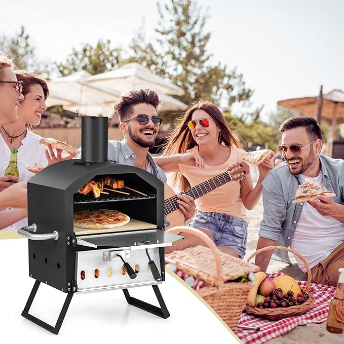 COSTWAY Picnic Outdoor Pizza Oven, Wood Fire Stone with Peel, Waterproof Cover, Fold-up Legs, Portable Stainless Steel Pizza Maker for Camping, Black + Silver