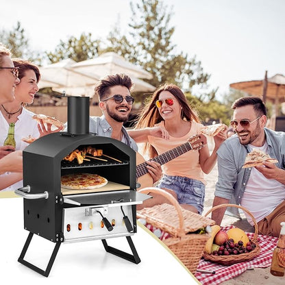 COSTWAY Picnic Outdoor Pizza Oven, Wood Fire Stone with Peel, Waterproof Cover, Fold-up Legs, Portable Stainless Steel Pizza Maker for Camping, Black + Silver