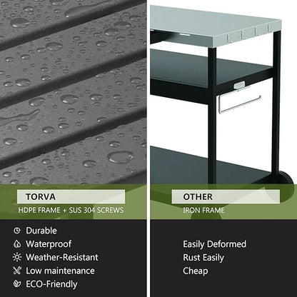 TORVA Outdoor Prep Grill Carts, 303 Stainless Steel Tabletop with High Load Capacity Portable BBQ Table, HDPE Durable Frame 2-Tier Storage Cart, Grey