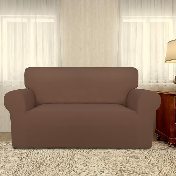 PureFit Stretch Loveseat Covers Fleece Couch Covers for Sofa Brown | 1-Piece Sofa Slipcover Soft Couch Protector, Sofa Cover Washable with Non Skid Foam and Elastic Bottom for Kids, Dogs
