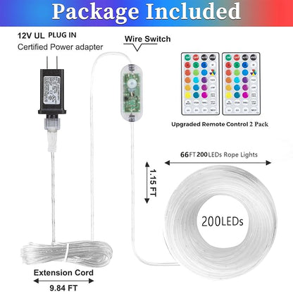 ANJAYLIA 66FT 200 LED Color Changing Rope Lights with Plug and Remote | Led Outdoor Waterproof Rope Light with Color Option, 7 Modes, Timer, Memory, Remote For Bedroom, Deck, and Holiday Decor