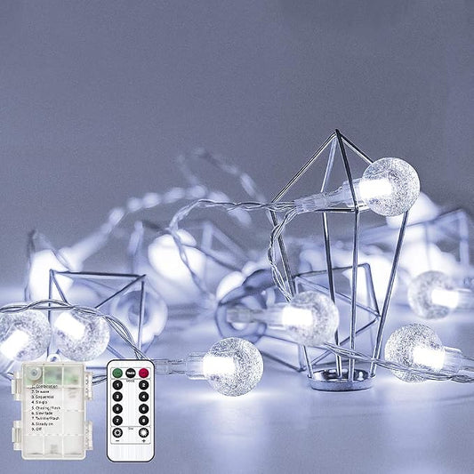 Metaku Cool White Globe String Lights Fairy Light 26ft 60LED & Remote | Battery Operated Indoor Outdoor Hanging String Lights Christmas Lights for Home Party Patio Garden Classroom Wedding