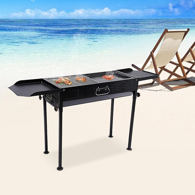 26.1 x 11.8 In Area Portable Charcoal Grill, 23.62-29.13 In Adjustable Height BBQ Grill, 165.35 Lbs Load Collapsible Barbecue Grill, for 2-15 People Outdoor Cooking Camping Picnics Beach