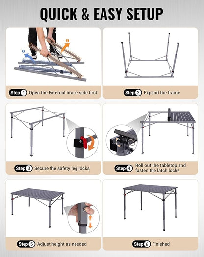 KingCamp Folding Camping Table Foldable Loads 265 Lbs, 42.1"× 27.6" Portable Table 3 Adjustable Height Aluminum Roll Up Camp Table with Carry Bag for Camping Picnic BBQ Backyard, Indoor & Outdoor