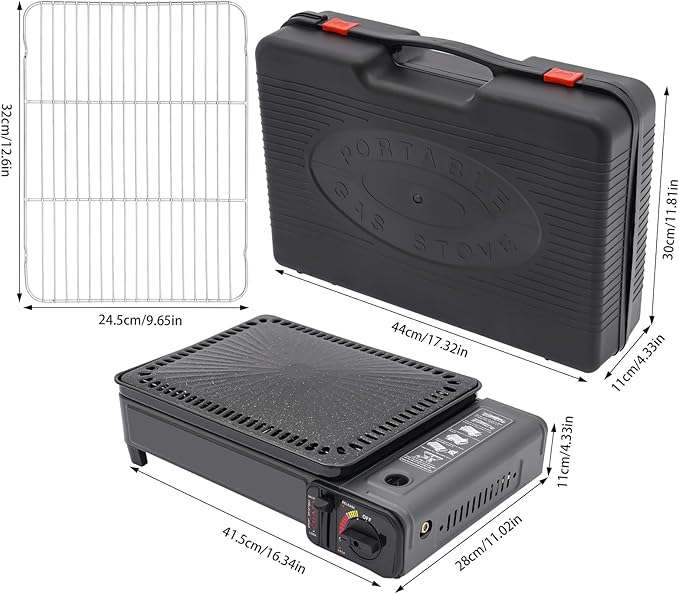 Portable Butane Stove Compact Gas-Grill Stove with Grilling Net & Storage Case, 0.25-0.3MPa Tabletop BBQ for Camping, Outdoor Cooker, Home