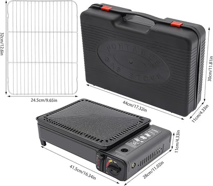 Portable Butane Stove Compact Gas-Grill Stove with Grilling Net & Storage Case, 0.25-0.3MPa Tabletop BBQ for Camping, Outdoor Cooker, Home