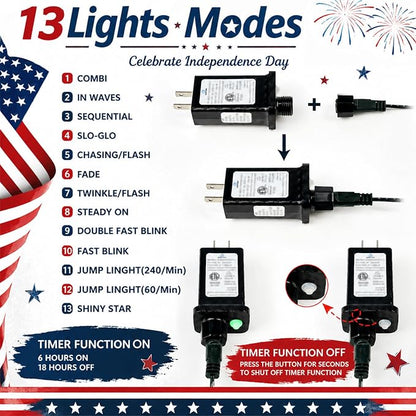 2-Pack Connectable 4th of July 164FT 400LED String Lights, Extra-Long Led Twinkle Lights Waterproof with 13 Modes& Timer, Independence Day Decoration Outdoor Indoor, Red White and Blue