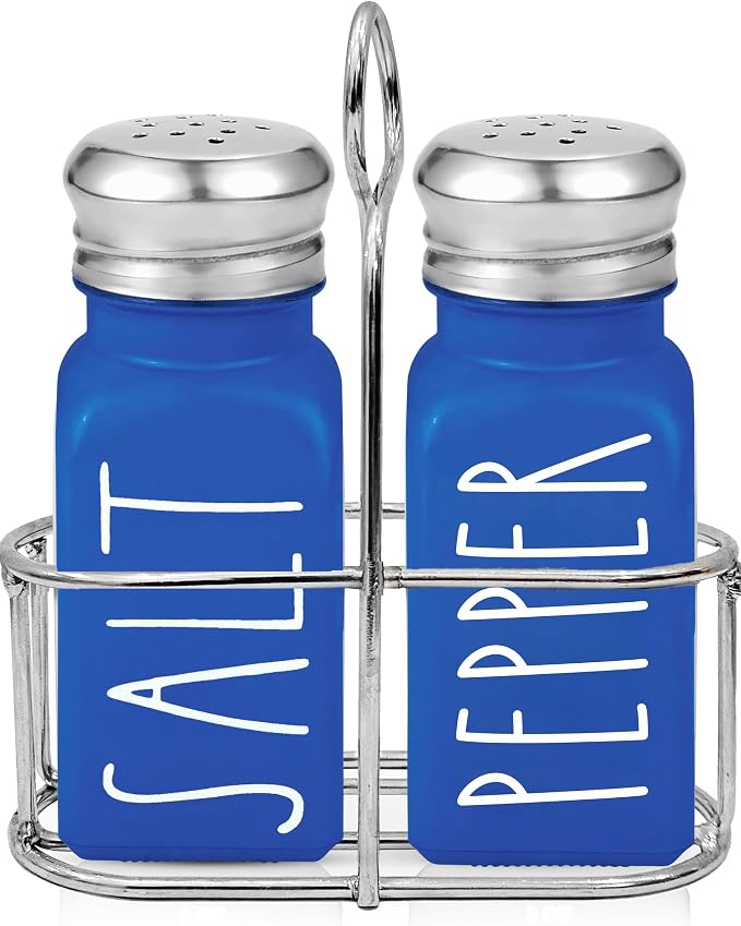Blue Salt and Pepper Shakers Set with Holder by Brighter Barns - Glass Salt Shaker with Caddy - Farmhouse Kitchen Decor and Accessories for Coastal Home, Dining Table, Restaurant, Airbnb, Gifts (Blue)