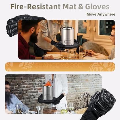 CHANGEMOORE 9.1'' Fire Pit Mat & Heat Resistant Gloves Set, Tabletop Protection with Foldable Stand, Barbecue Heat Resistant Mat for Tabletop Fire Pit, Long Wrist Non-Slip Silicone, up to 300°C