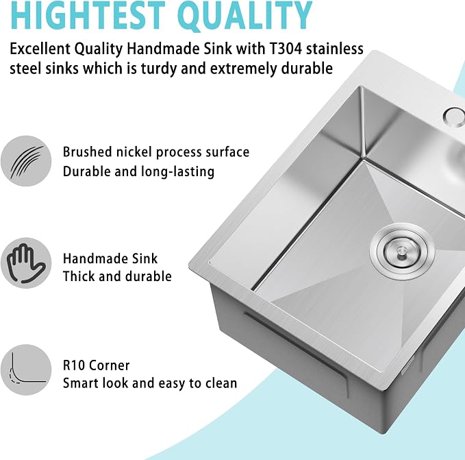 15x20 Inch Bar Sink Drop In Topmount, 18 Gauge Stainless Steel Single Bowl Small Kitchen & Wet Bar Prep Sink, 9 Inch Deep with Bottom Grid & Drain Assembly