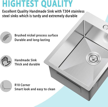 15x20 Inch Bar Sink Drop In Topmount, 18 Gauge Stainless Steel Single Bowl Small Kitchen & Wet Bar Prep Sink, 9 Inch Deep with Bottom Grid & Drain Assembly