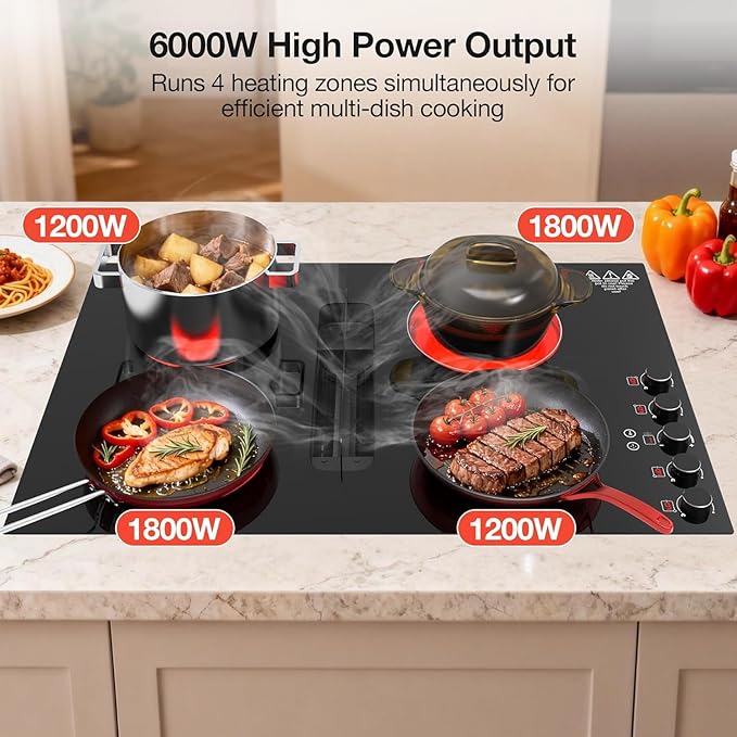 30" Electric Cooktop with Downdraft – 4 Burner 6000W Built-in Electric Stove, BBQ Bridge Burner, Timer, Safety Lock, Recirculating Vent (220V-240V)