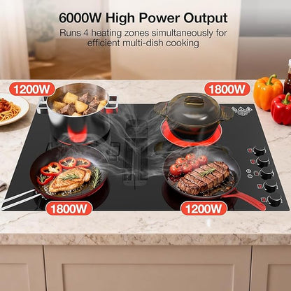 30" Electric Cooktop with Downdraft – 4 Burner 6000W Built-in Electric Stove, BBQ Bridge Burner, Timer, Safety Lock, Recirculating Vent (220V-240V)