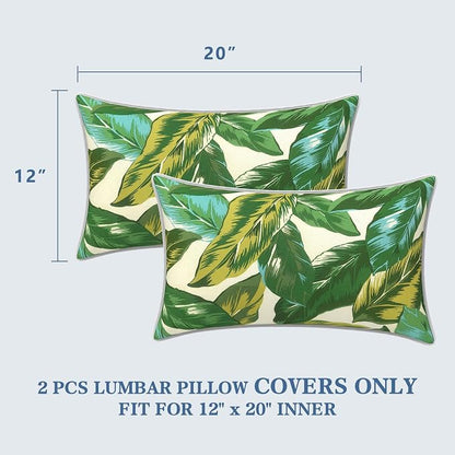 LVTXIII 2 Pack Outdoor Lumbar Pillow Covers 12x20 Inch with Piping, Water-Repellent Back Cushion Covers ONLY for Patio Furniture, Sofa, Garden Bench, Lush Leaf Jungle