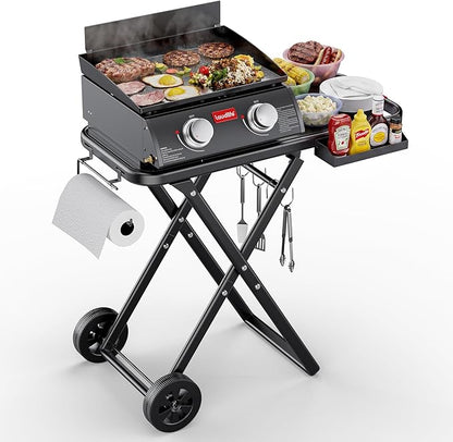 Laudlife 2 Burner Propane Gas Griddle with Removable Stand & Side Table, Converts to Tabletop, Non-Stick Enameled Cast Iron & 342 SQ.IN, Easy Cleanup, Folds Compact for Camping, Tailgating, Backyard