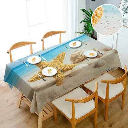 Swono Seashell 52"X70" Oblong Table Cloth Tropical Ocean Beach Starfish and Seashells Wrinkle Free Table Cover Farmhouse Tablecloth for Home Restaurant Picnic Indoor Outdoor Dining