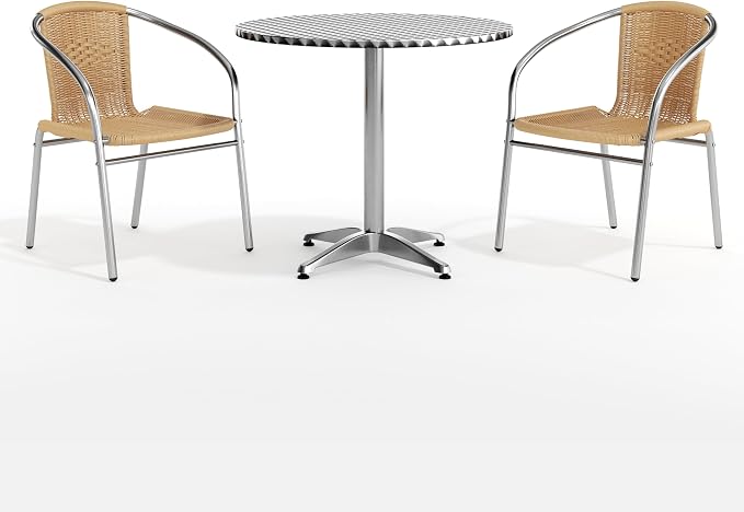 Flash Furniture Lila 31.5'' Round Aluminum Indoor-Outdoor Table Set with 2 Beige Rattan Chairs | Indoor/Outdoor Use, Beige Rattan Chairs