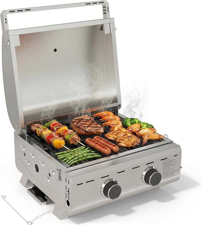 Electactic 20,000 BTUs Portable Tabletop Gas Grill, 2-Burner Propane Grill with 251 Sq.in Cooking Area, Stainless Steel BBQ Grill with Foldable Legs, Easy Assemble & Clean for Outoor