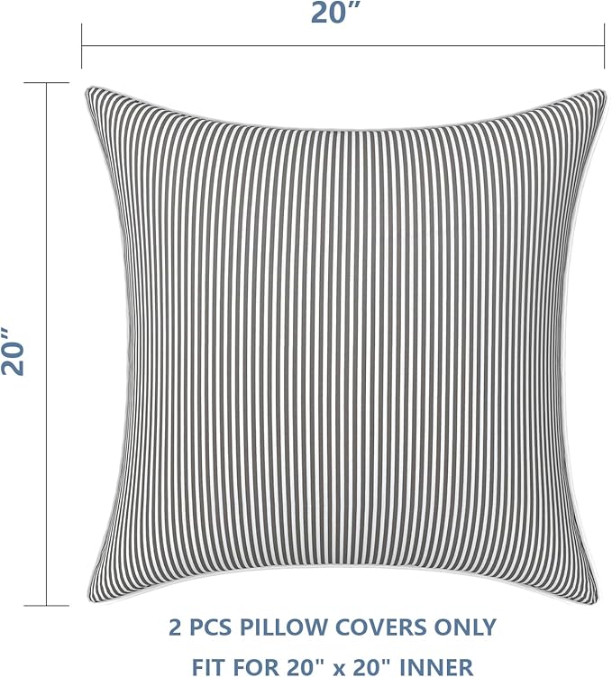 LVTXIII Outdoor/Indoor Pillow Covers, Patio Fade Resistant Throw Pillow Covers ONLY, Waterproof Farmhouse Accent Cushion Cases for Sofa Patio Couch Decoration 20"x20" Set of 2, Strip Grey