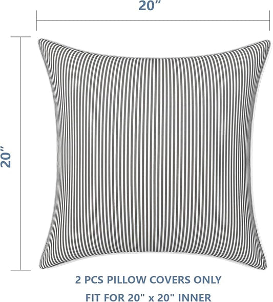 LVTXIII Outdoor/Indoor Pillow Covers, Patio Fade Resistant Throw Pillow Covers ONLY, Waterproof Farmhouse Accent Cushion Cases for Sofa Patio Couch Decoration 20"x20" Set of 2, Strip Grey