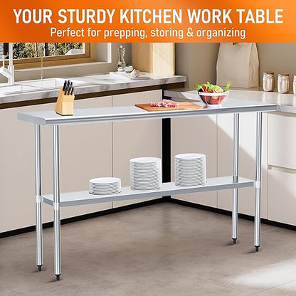 Stainless Steel Table for Food Prep & Work 24 x 60 inches Commercial Workstation with Adjustable Undershelf in Kitchen, Garage, Outdoor BBQ